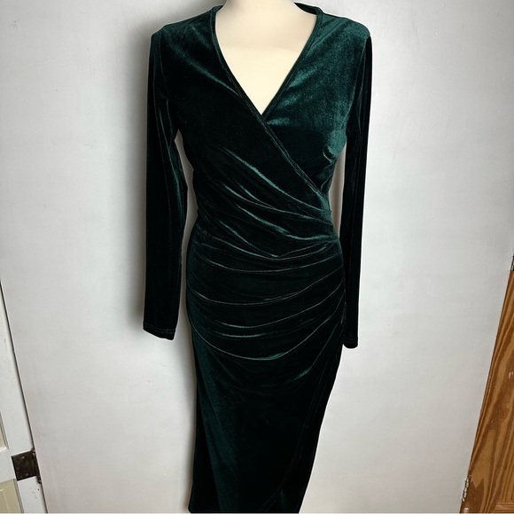 Dirass Dresses & Skirts - Velvet Wrap Dress Women's Med V Neck Ruched Bodycon Maxi Emerald Green DIRASS